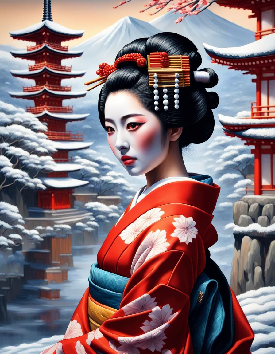 Winter Maiko Portrait with Japanese Temple, Hyperrealistic O...