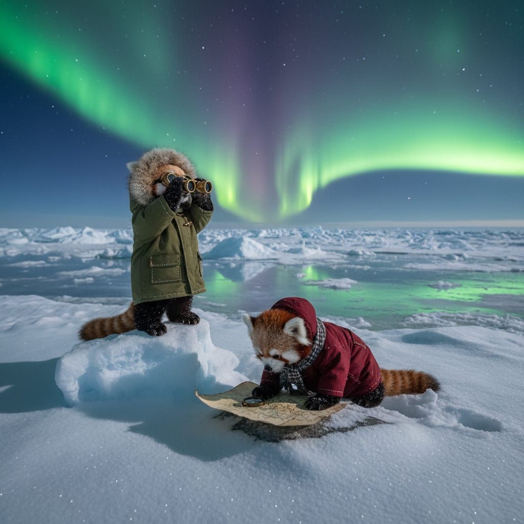 Red Pandas Explore Arctic Under Aurora Borealis