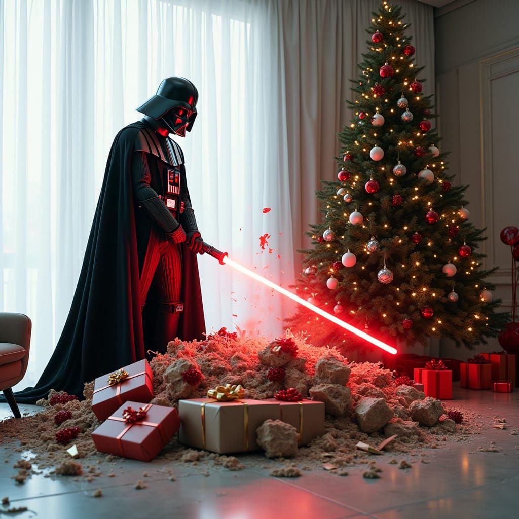 Darth Vader Destroys Christmas with Fiery Red Lightsaber