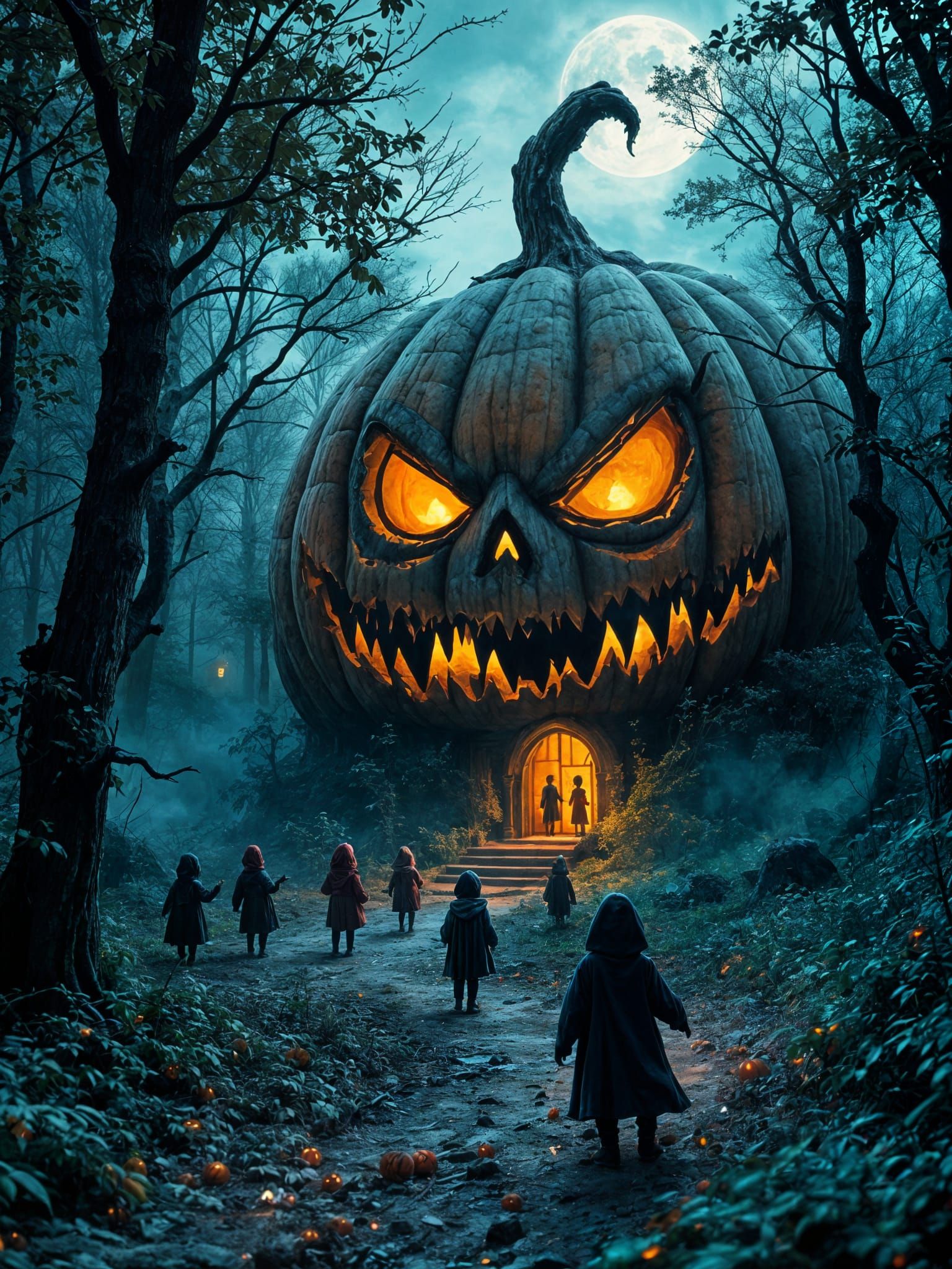 Eerie Pumpkin Ghost House in Dark Forest