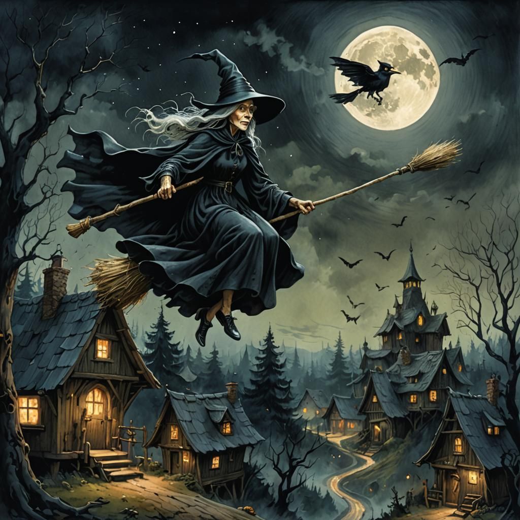 Old Witch Soaring Above Village in Magic Realism Style