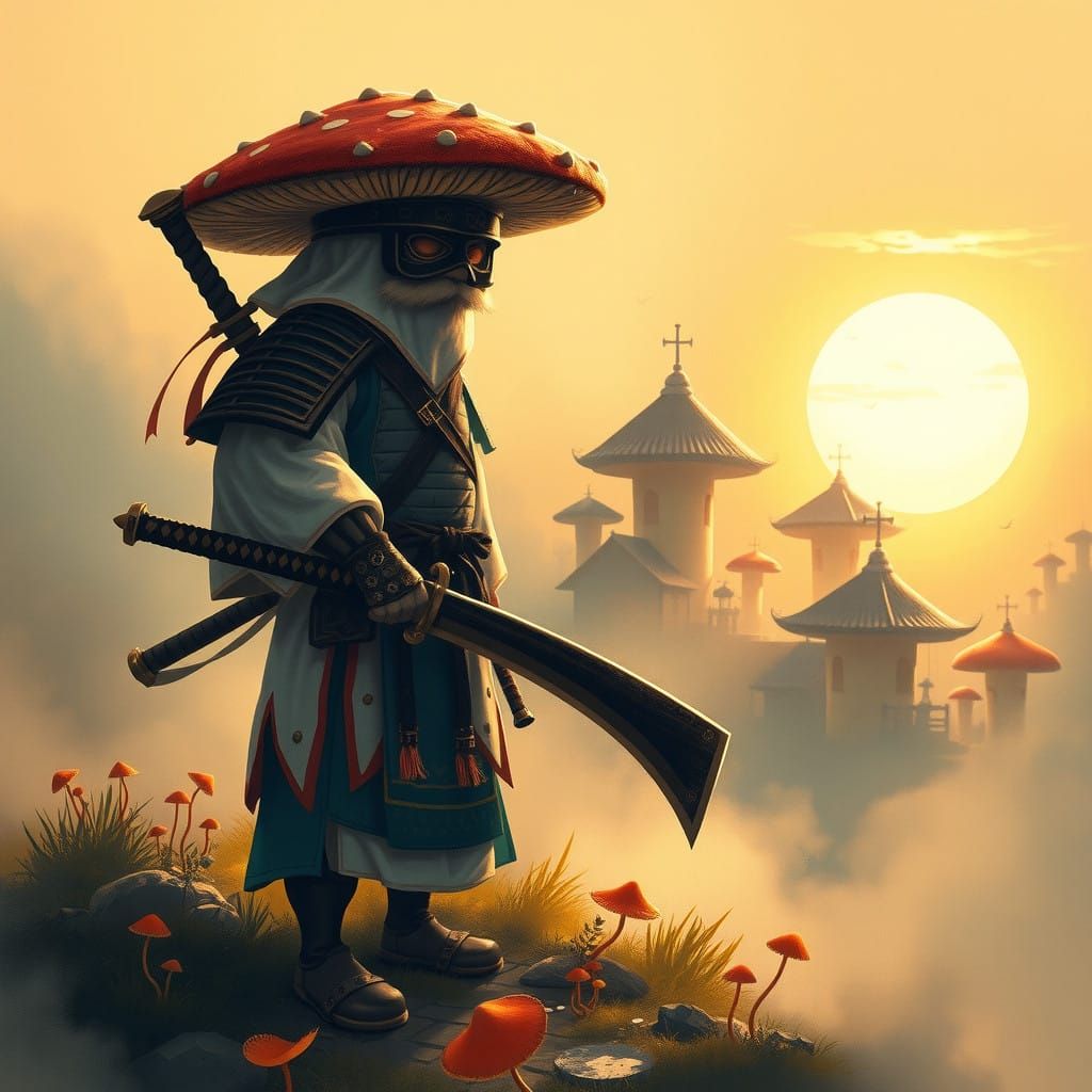 Mystical Mushroom Samurai in Whimsical Village at Sunset
