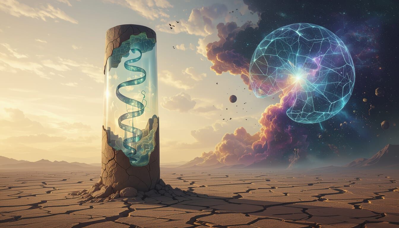 Surreal Fossil Structure with Bioluminescent Entity