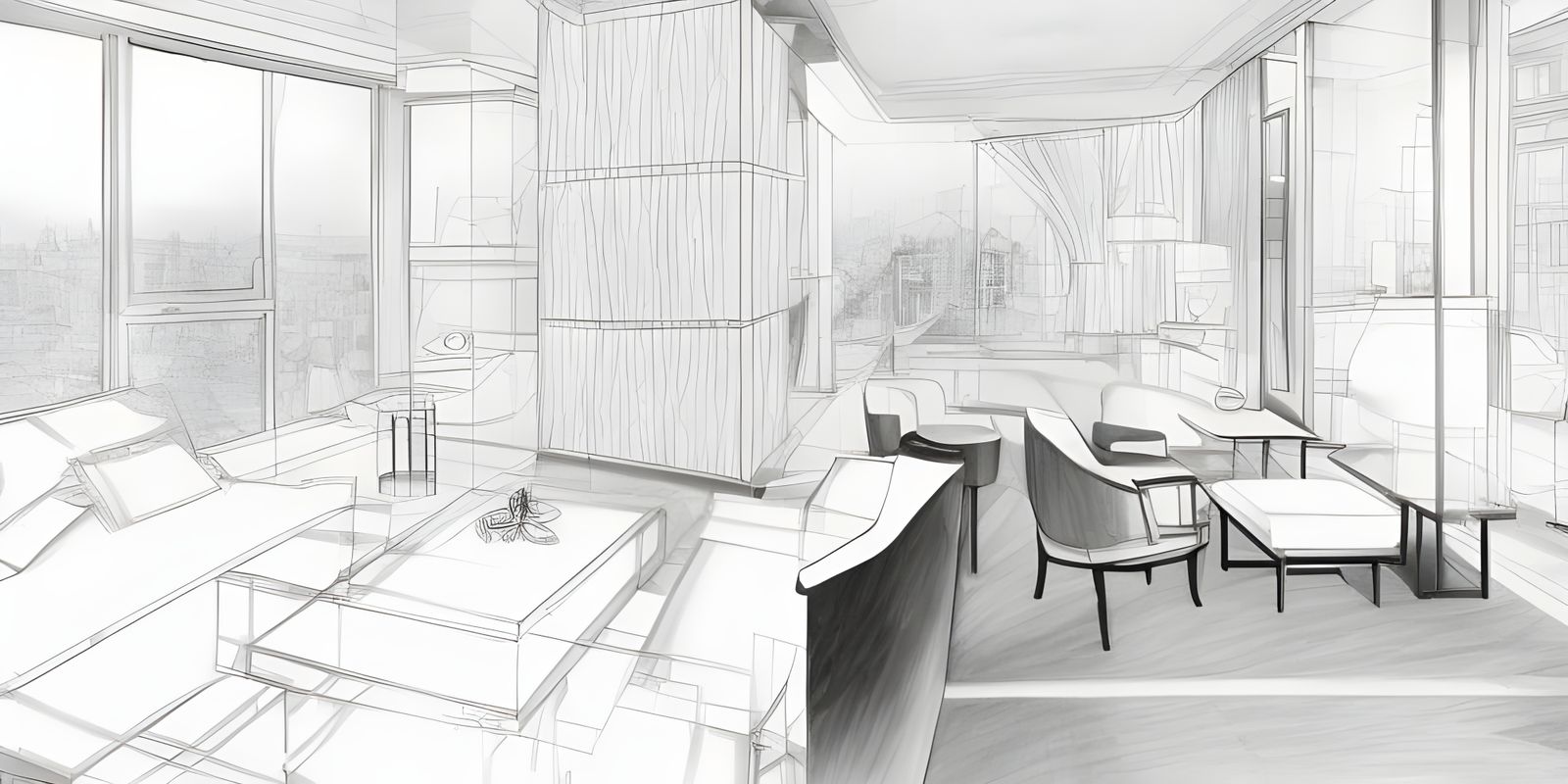 Modern Apartment Interior Pencil Sketch with City View