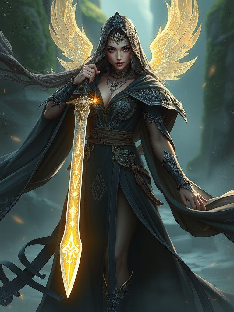 Celestial Warrior with Luminous Sword in Ethereal Light