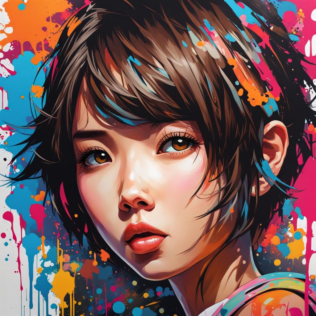 Youthful Asian Girl in Graffiti Splash Art Style