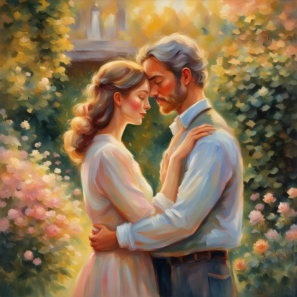 Impressionist Couple Embrace in Golden Garden Light