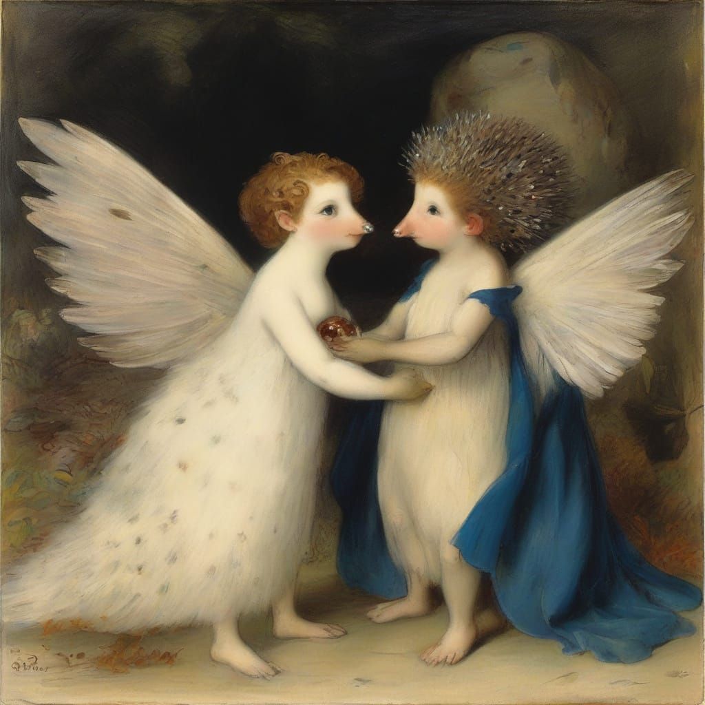 Hedgehog Fairy Baptizes Snails in Naive Art Style