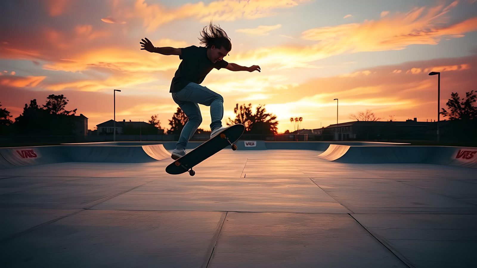 Skateboarder Mid-Air at Sunset: Cinematic Film Still