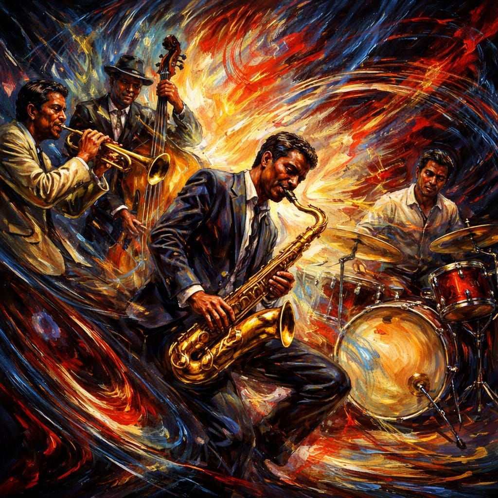 A painting of a jazz jam session. complex melodic lines, instrumental virtuosity, highly syncopated, linear rhythmic com...