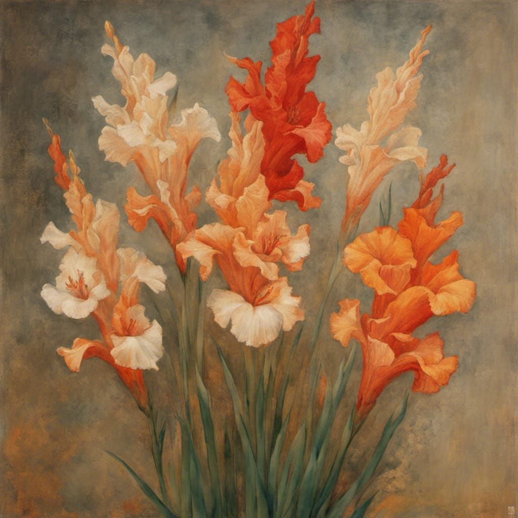 Cream and Orange-Red Gladiolus Flowers, Digital Painting