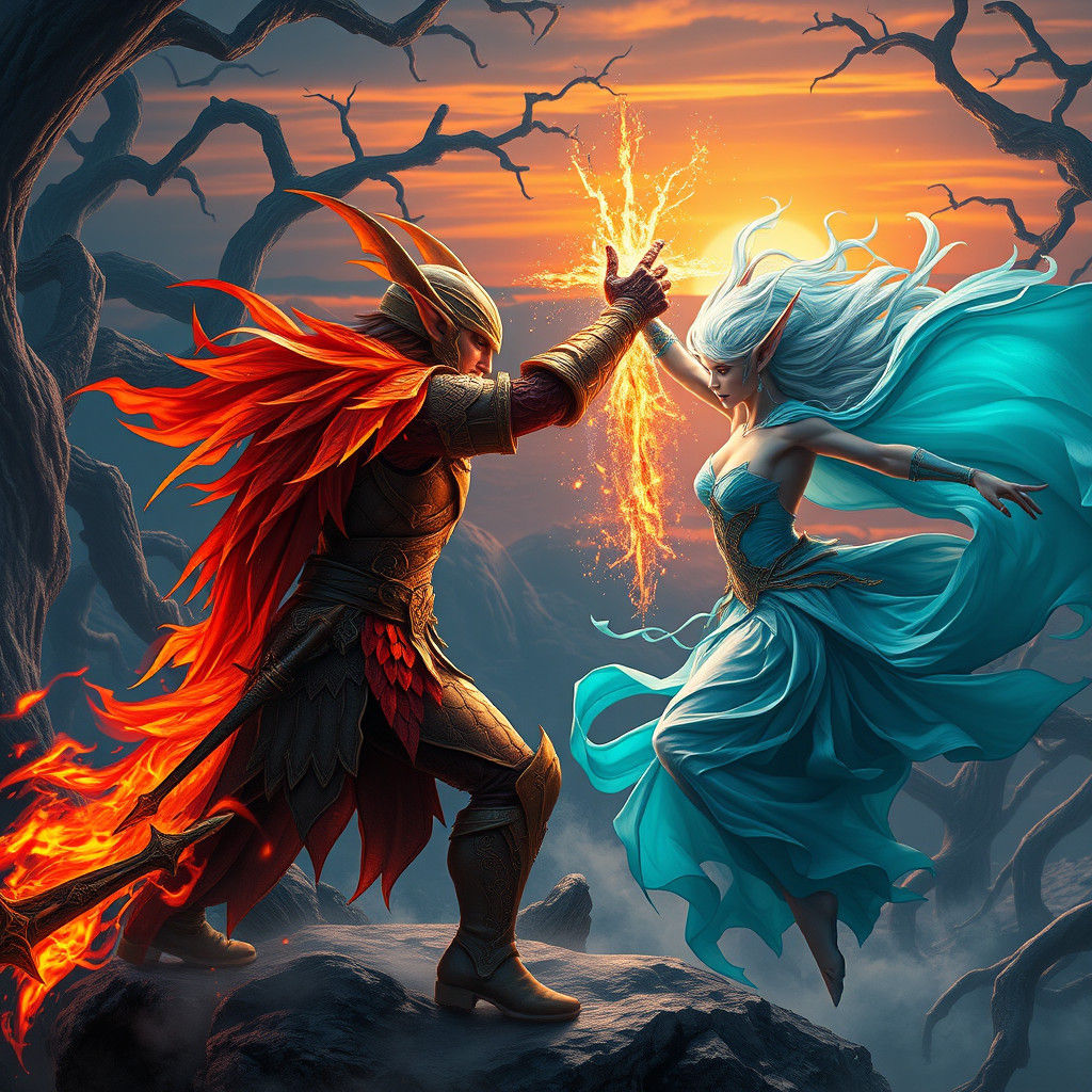 Fire Elf vs Water Elf: Digital Matte Painting