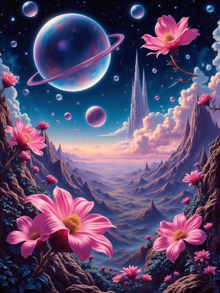 Cosmic Flowers Bloom in Retro-Futuristic Space