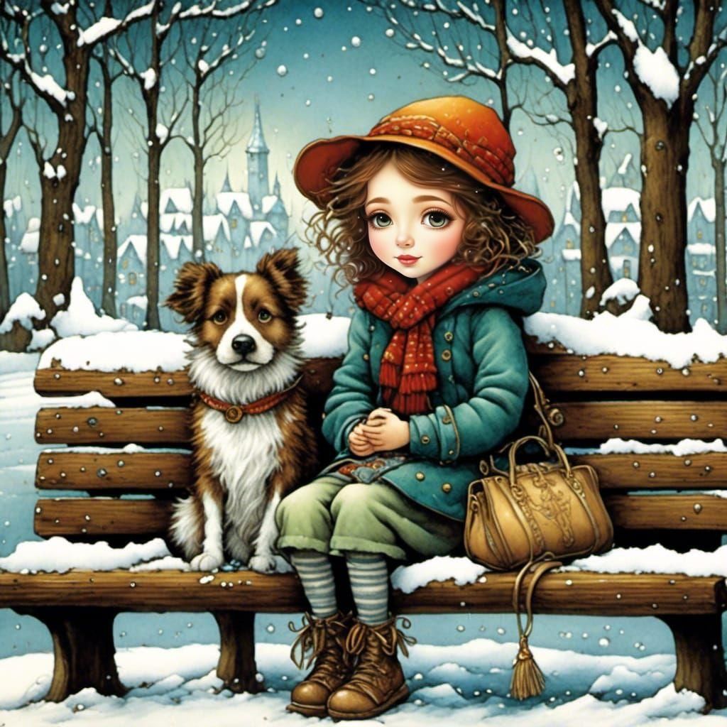 Girl and Dog in Winter, Folk Art Style