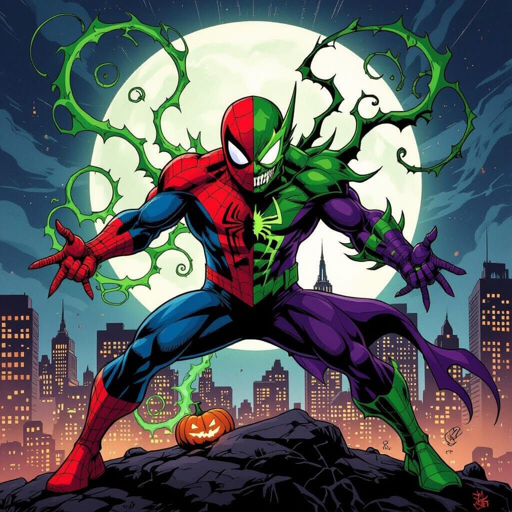 Spider-Man and Green Goblin Fusion in Comic Concept Art Styl...
