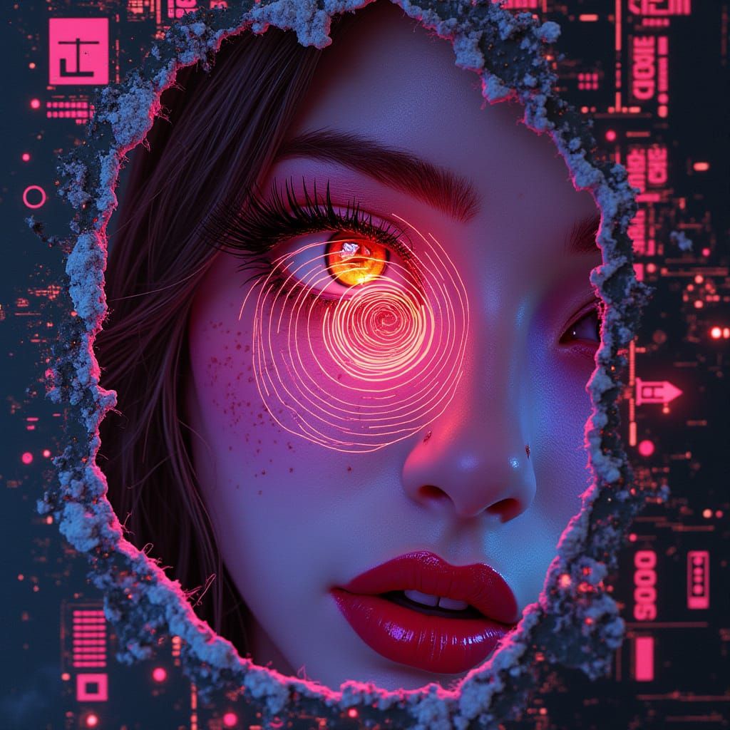 Cyberpunk Woman Peeks Through Glitch Screen