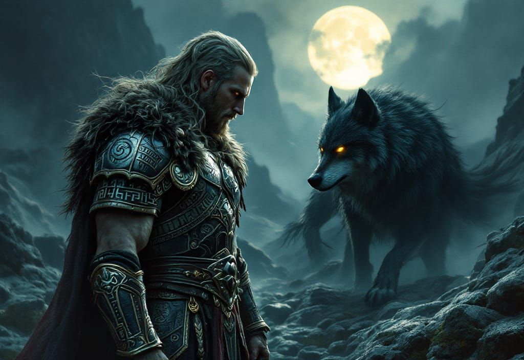 Viking Warrior and Wolf in Pre-Raphaelite Style