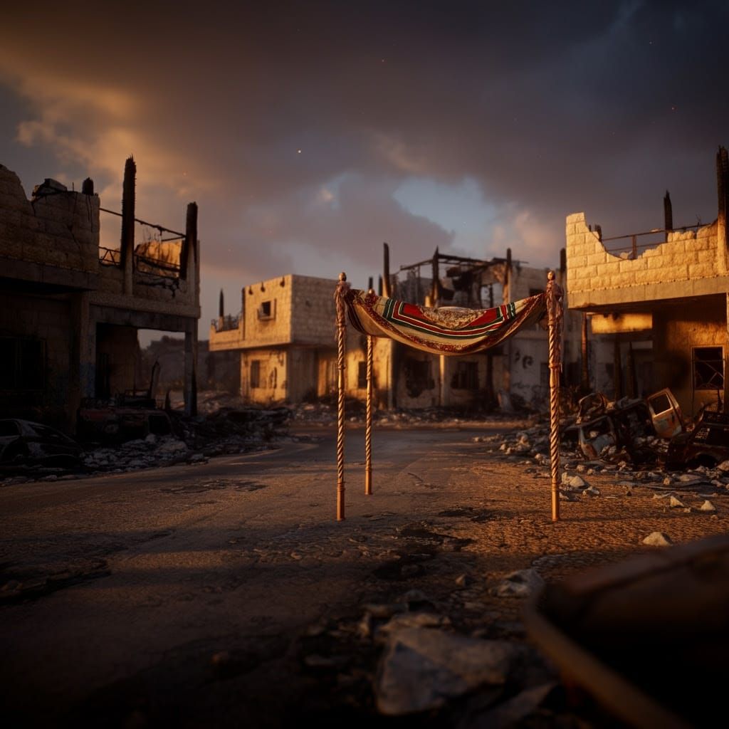 Hope Amidst Devastation in Kibbutz Be'eri at Sunset, in Hype...