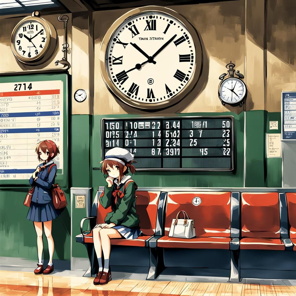 Girl Waits for Train in Anime Style