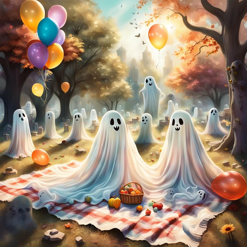 Whimsical Ghosts Picnic in Graveyard: Fantasy Art