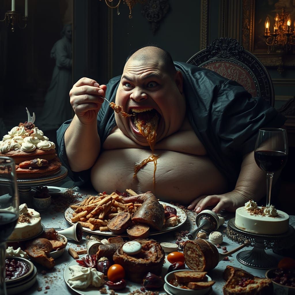Grotesque Figure Devours Banquet in Dark, Baroque-Inspired S...