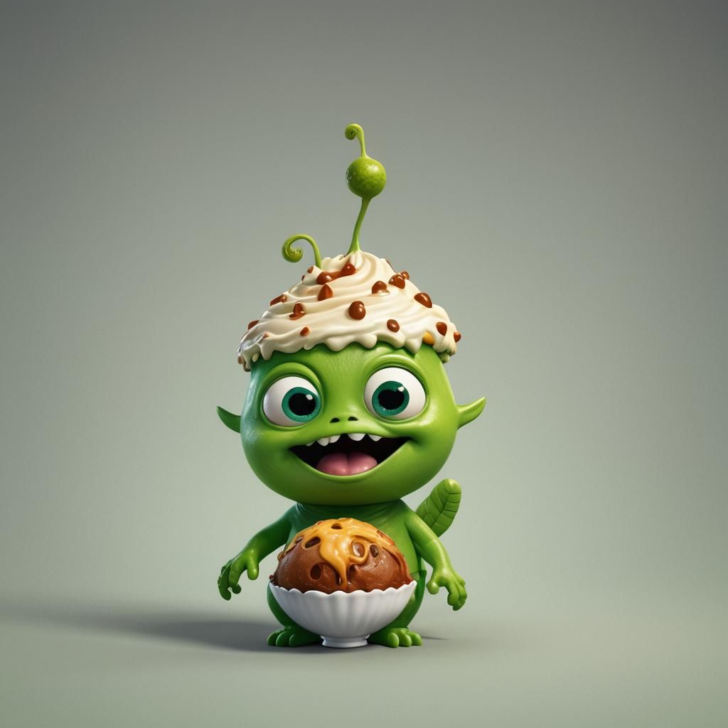 Cute Green Alien Craving Pudding in Pixar Style