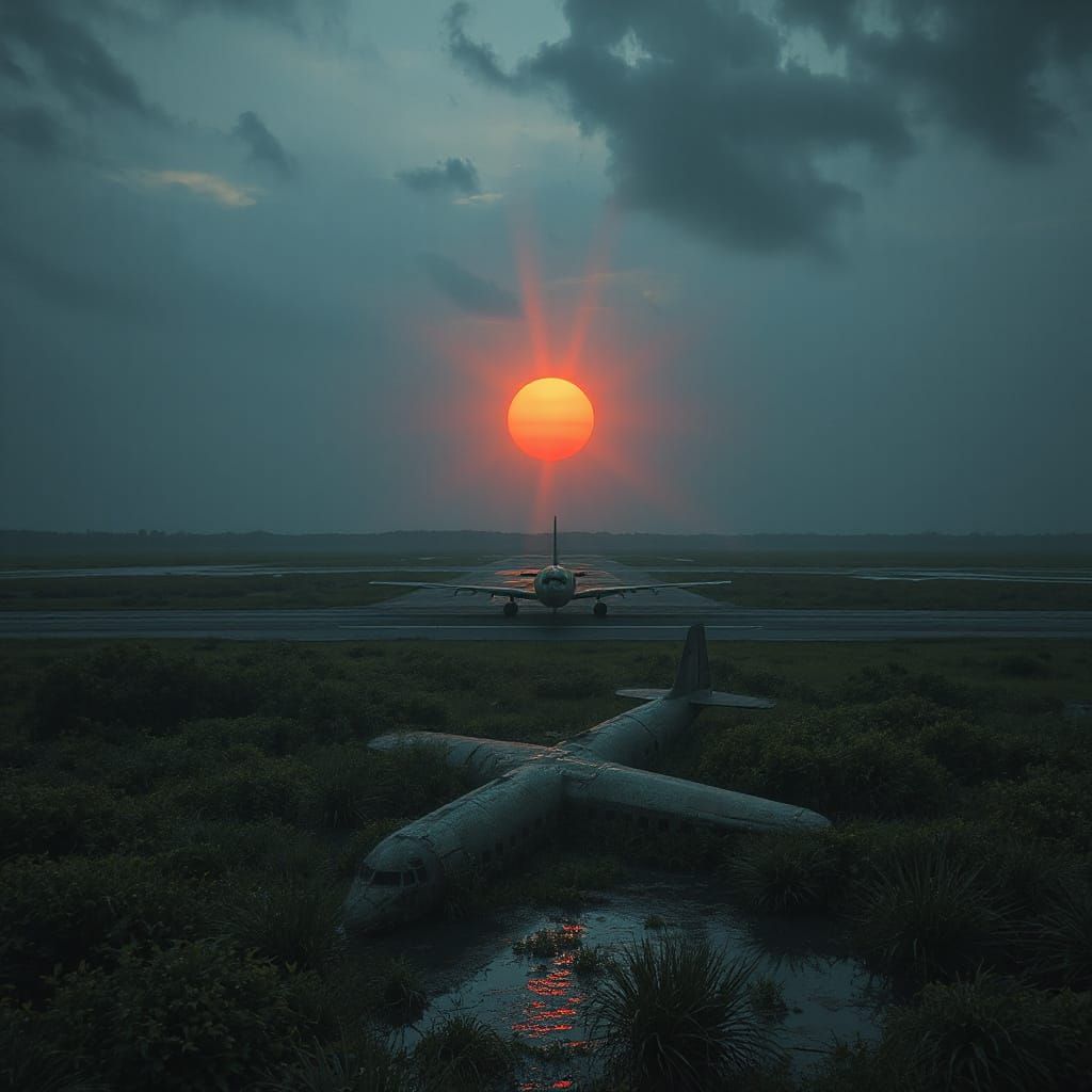 Abandoned Airport with Rusting Plane in Swamp