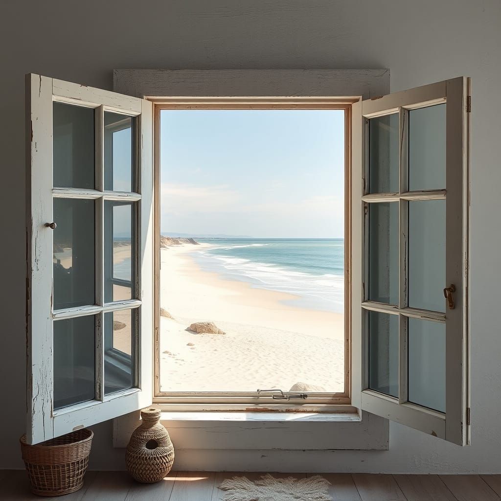 Whimsical Seaside Scene from a French Country Window