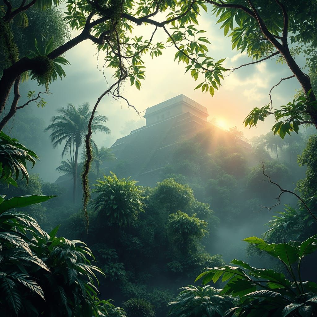 Psychedelic Rainforest Pyramid in Dreamlike Landscape