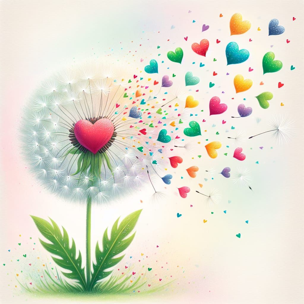 Vibrant Hearts Spreading Joy in a Whimsical Garden Scene