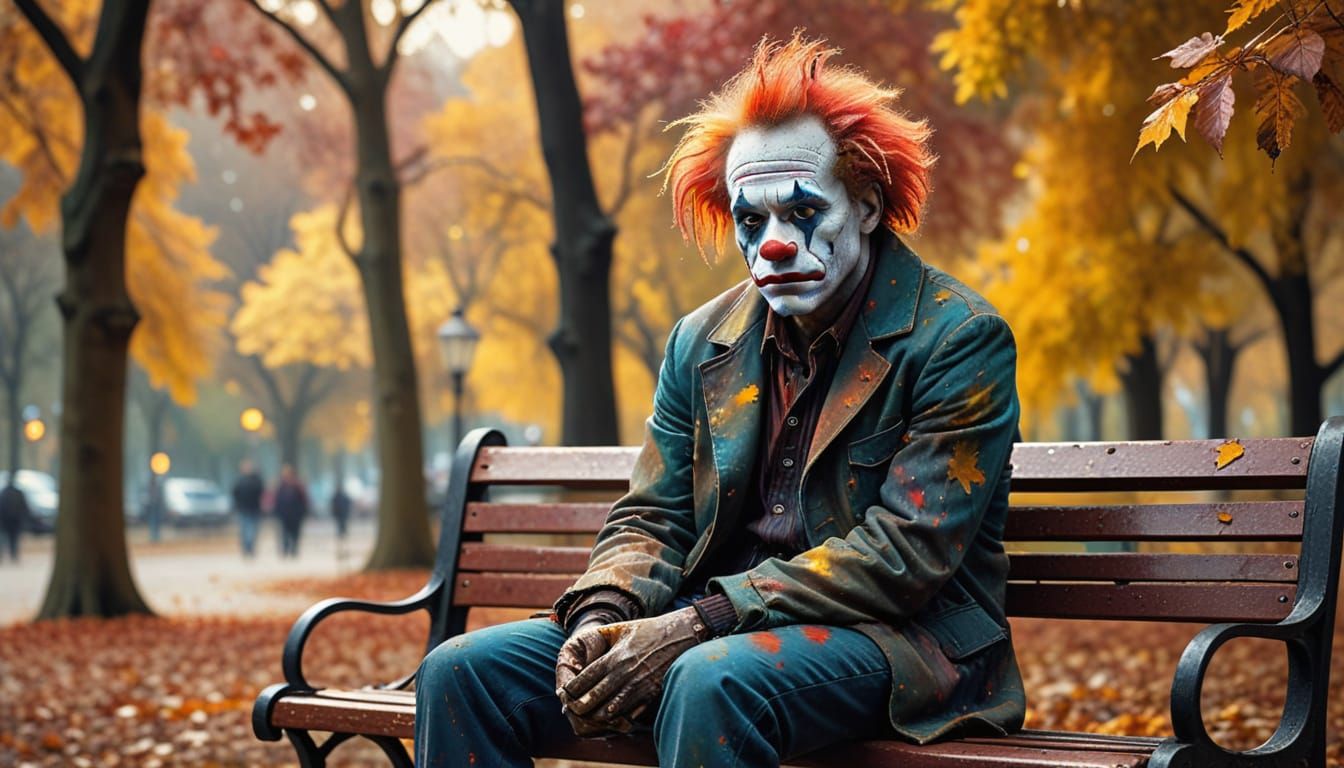 Lonely Clown in Autumn Park as Ethereal Digital Painting