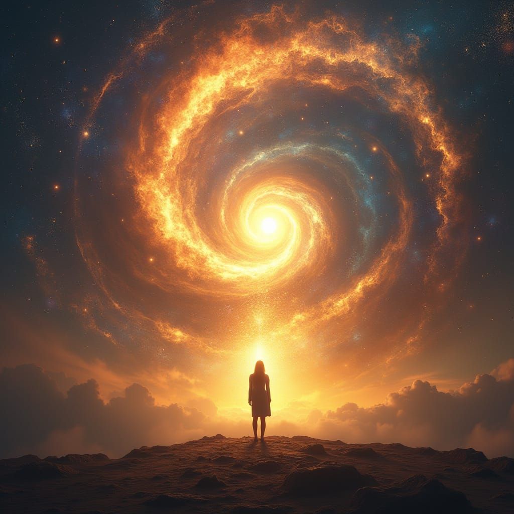 Cosmic Rebirth in Golden Light: Ethereal Figure Surrounded b...
