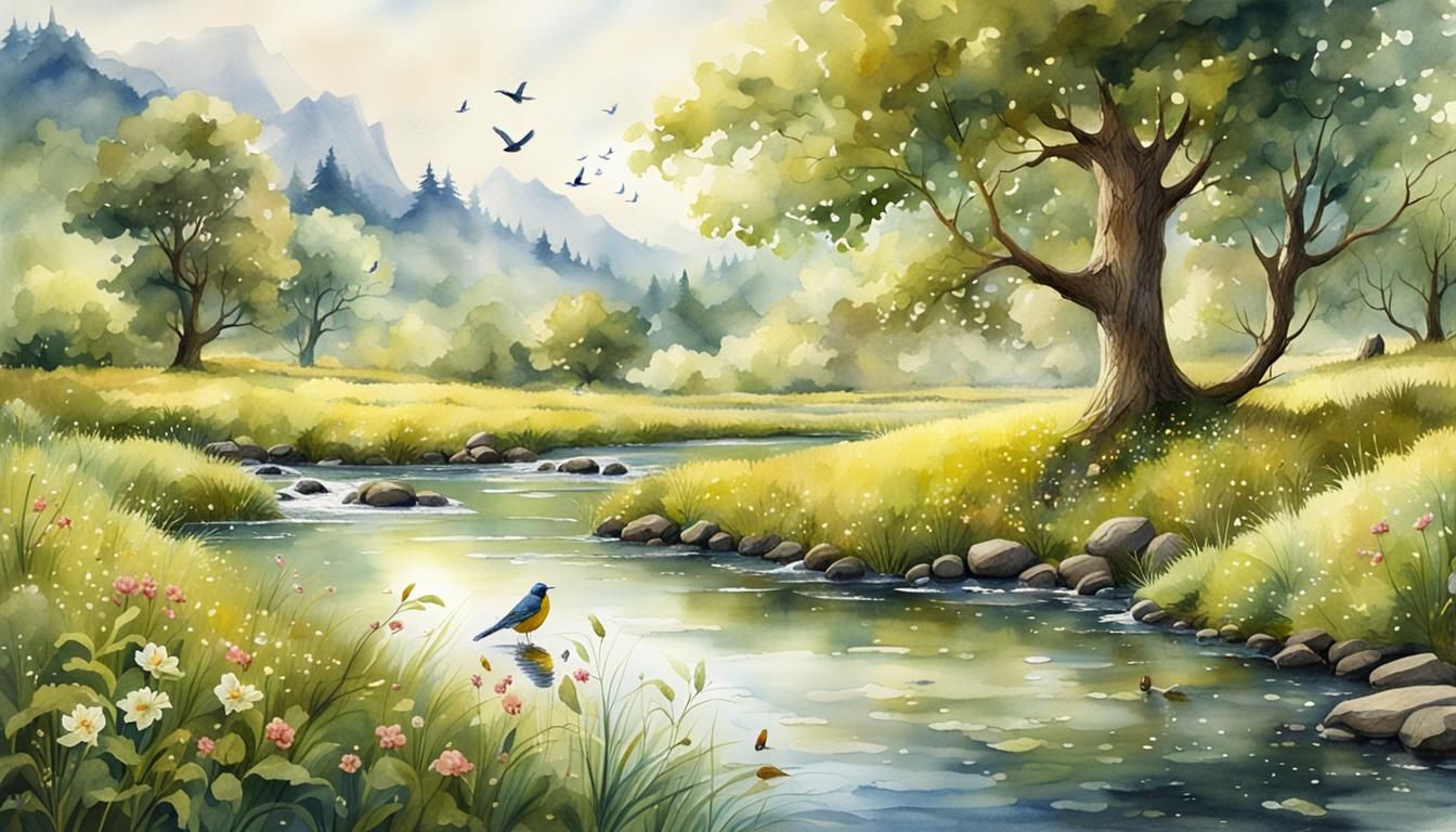 Watercolor Meadow Scene with Brook and Birds