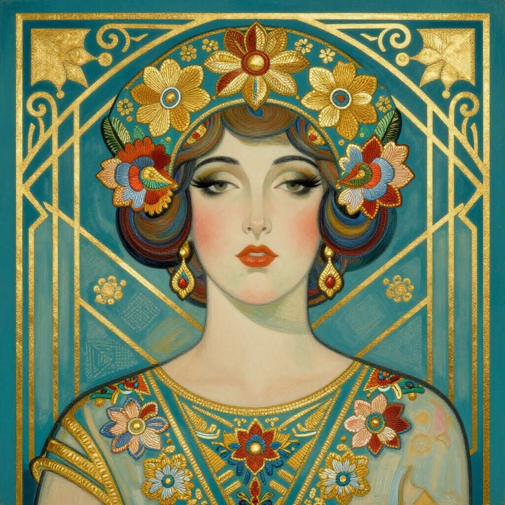 Folk Art Deco Female Portrait with Geometric Motifs