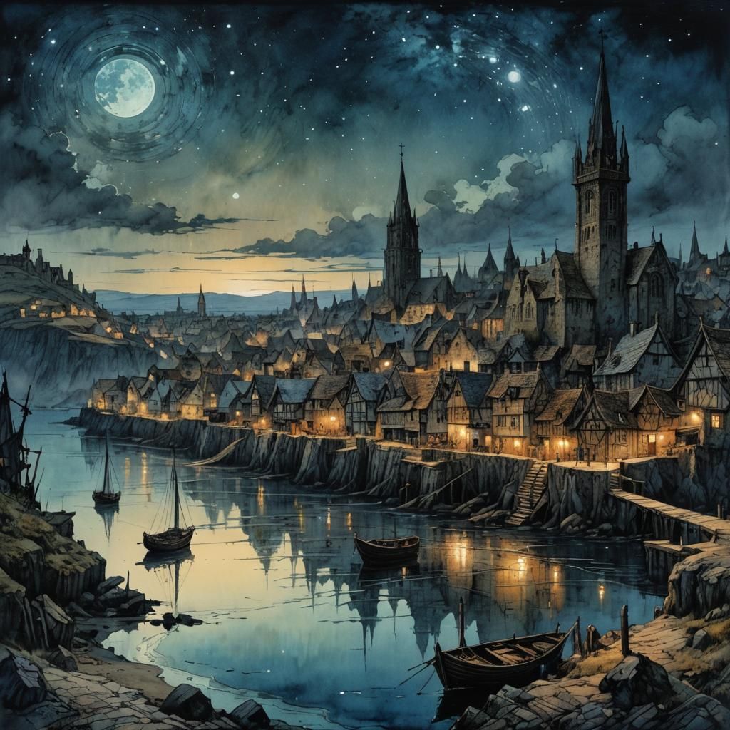 Medieval Port Town Under Starry Sky