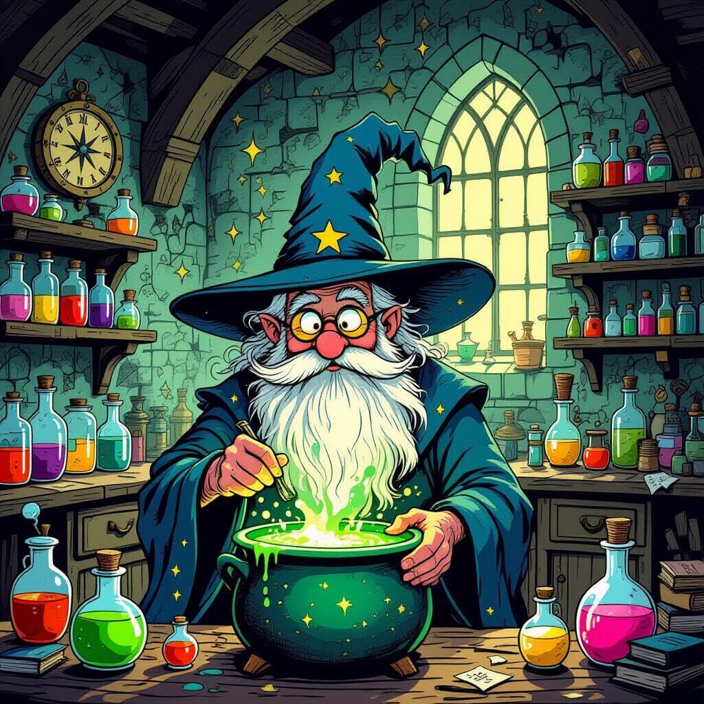 Elderly Wizard Brews Potion in Star-Dusted Hat