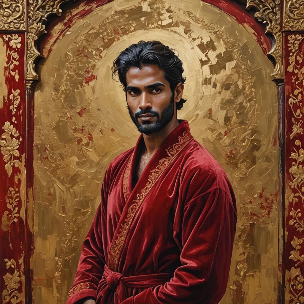 Masculine Portrait in Gouache Style With Red Velvet Robe