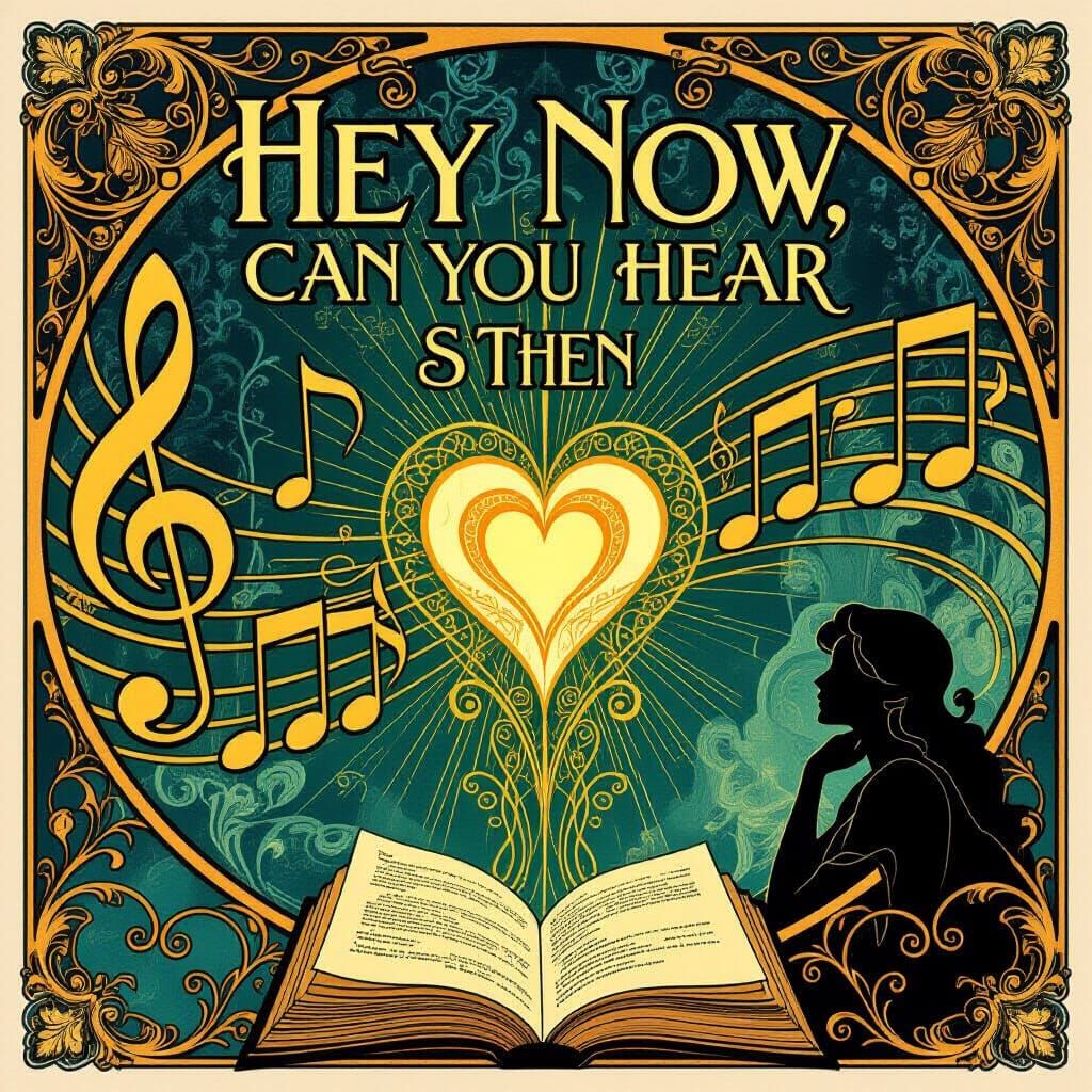 Art Nouveau Musical Notes with Radiant Heart in Gold and Blu...