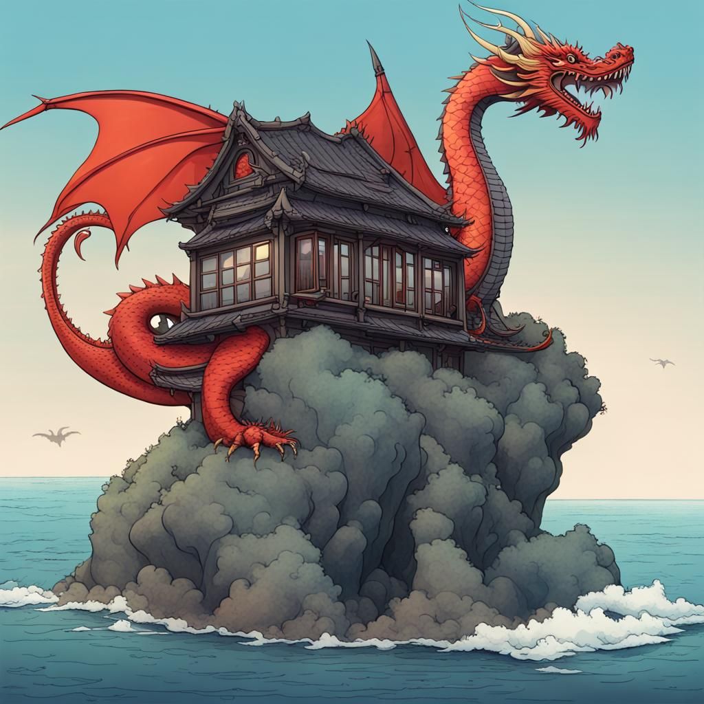 Dragon Resting on Odd House by Ocean