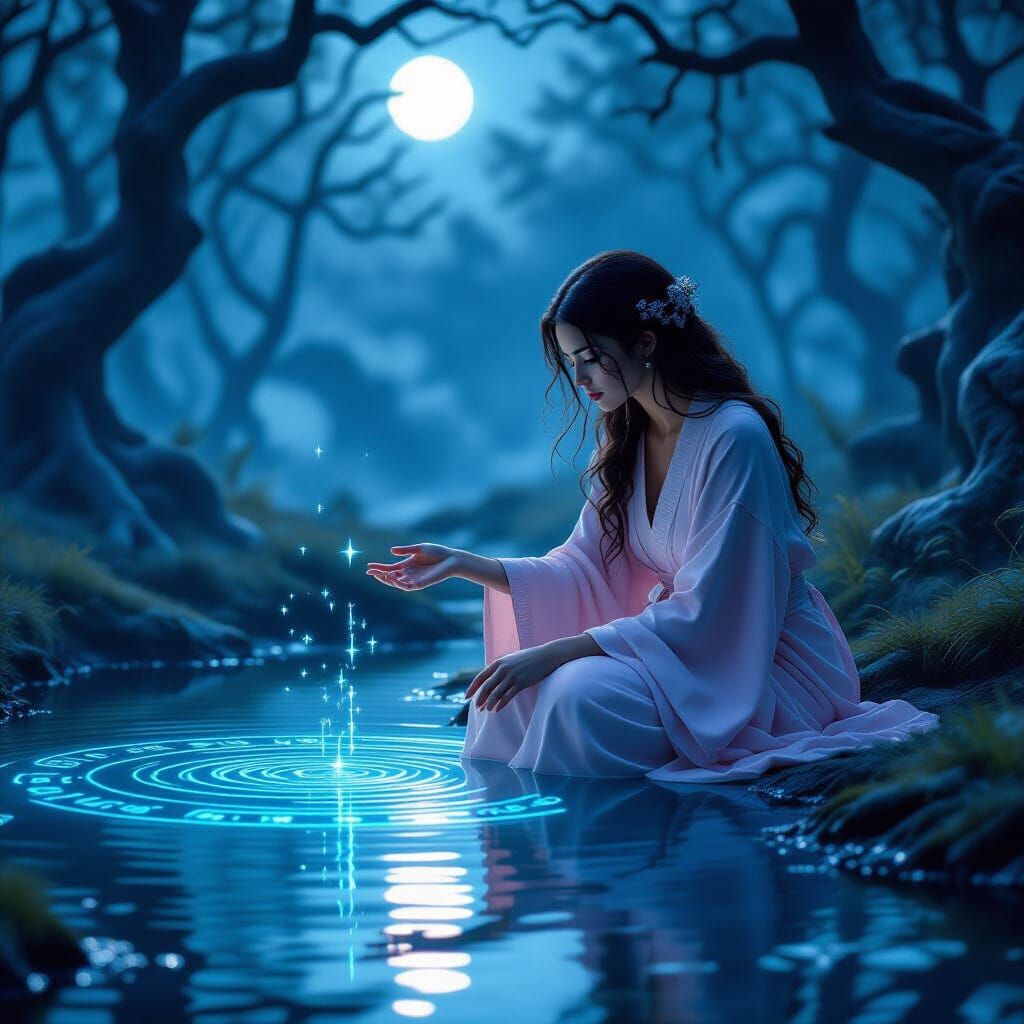 Twilight Pond Reflection with Woman in Eerie Light