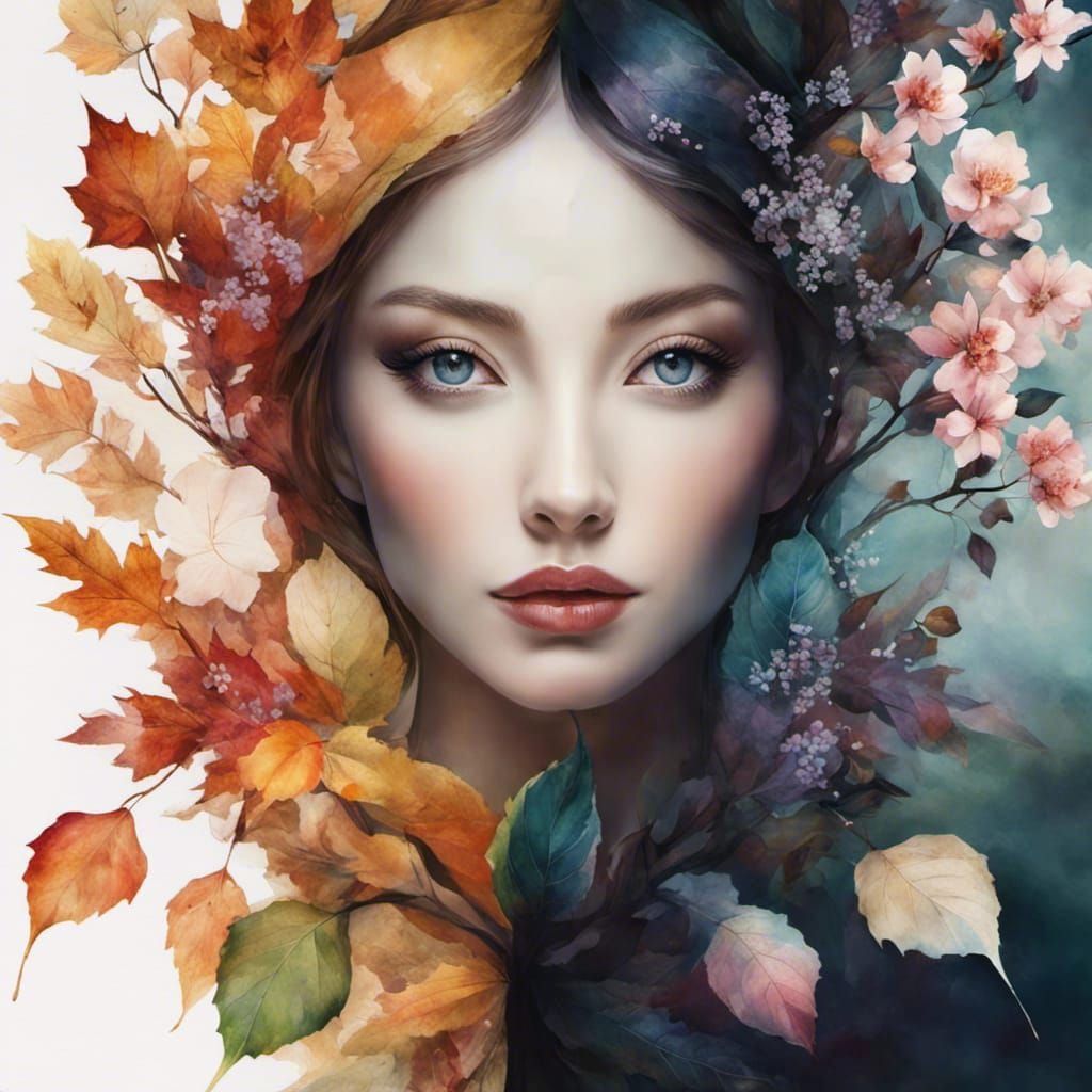 Yin Yang Woman with Blossoms in Watercolor