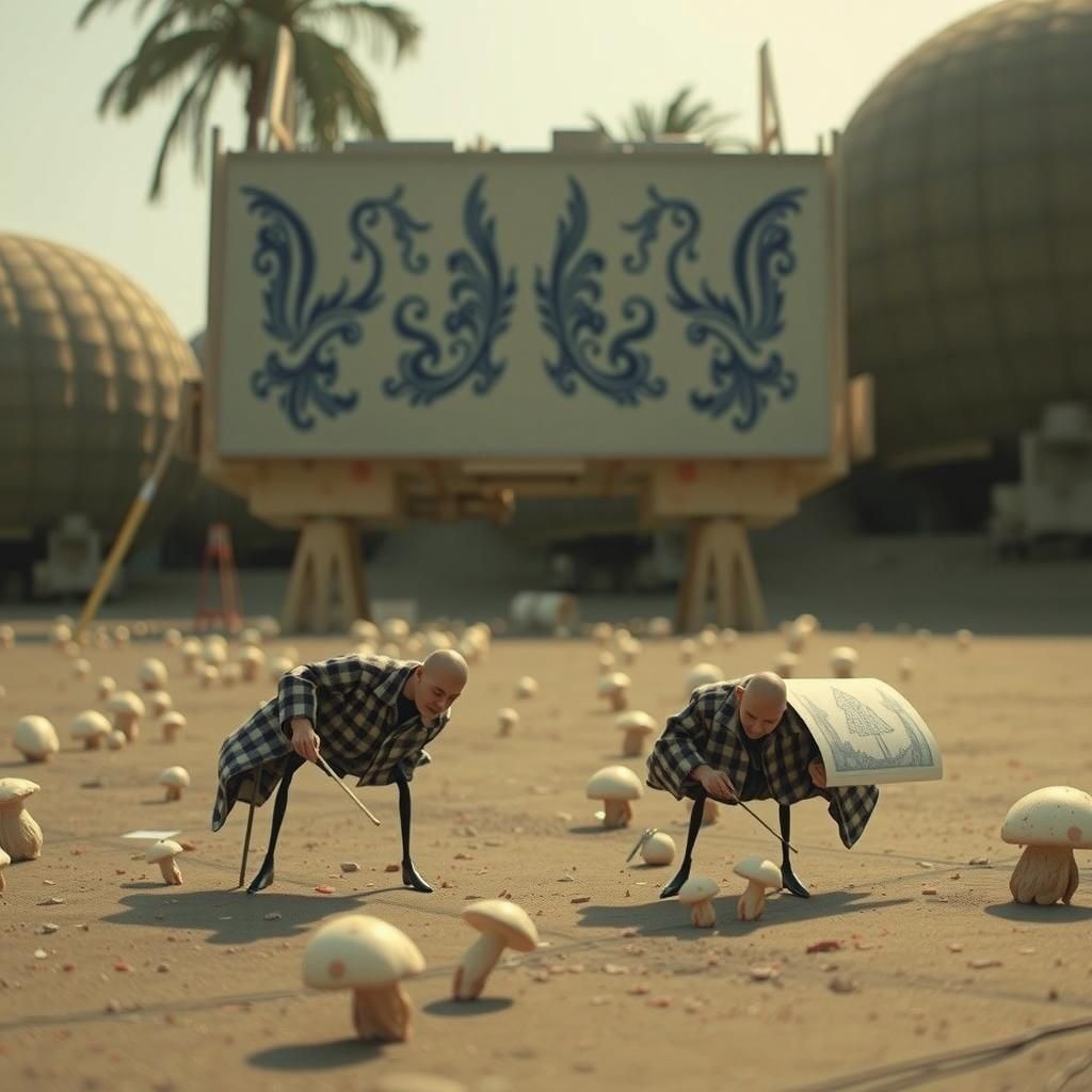 Porcelain Bureaucrats Counting Mushrooms in Dystopian Landsc...