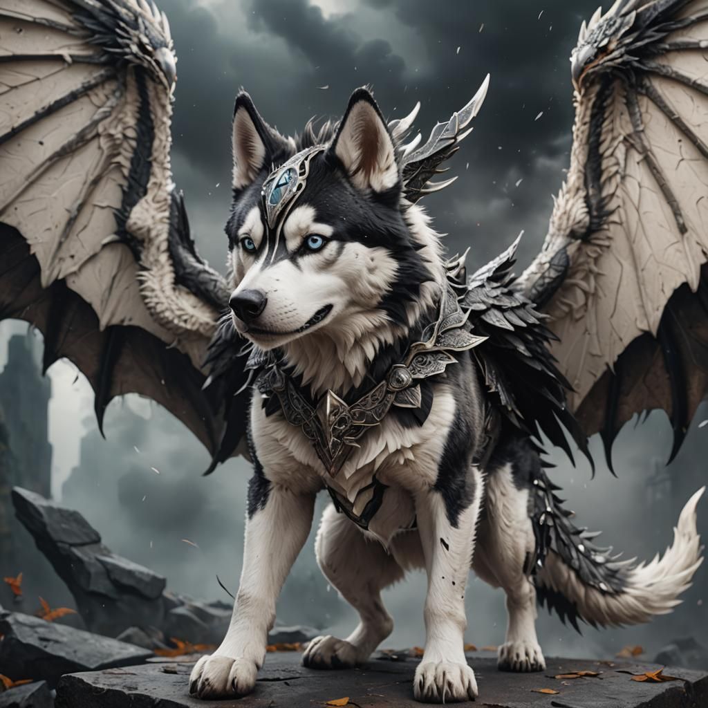 Husky Dog with Dragon Wings Fantasy Art