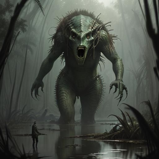 Horrific Prehistoric Swamp Creature Engraving
