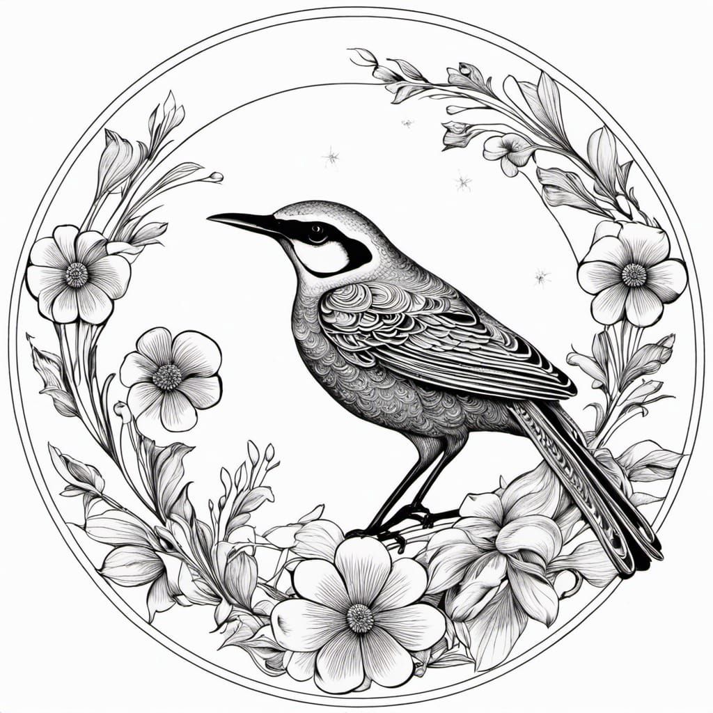 Beautiful Bird on the Moon with Floral Details