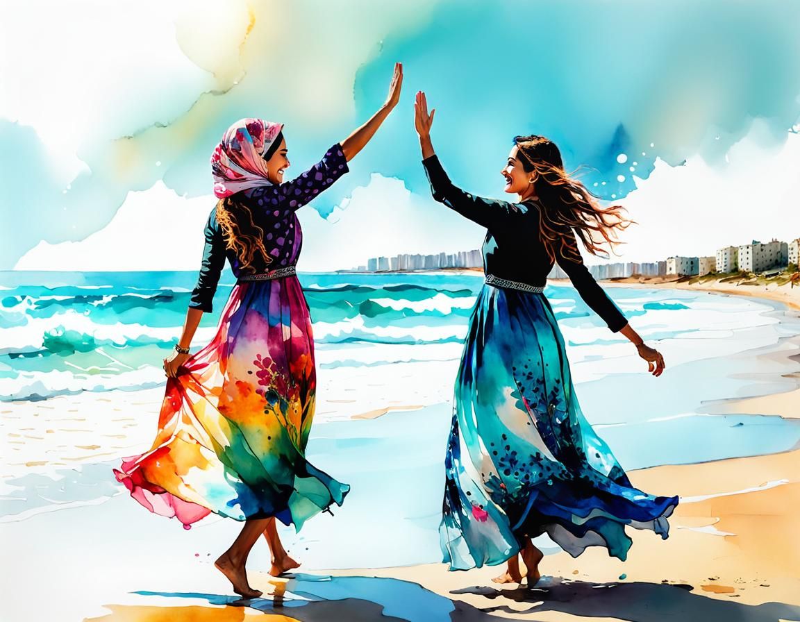 Palestinian Women High Five on Beach in Watercolor Art