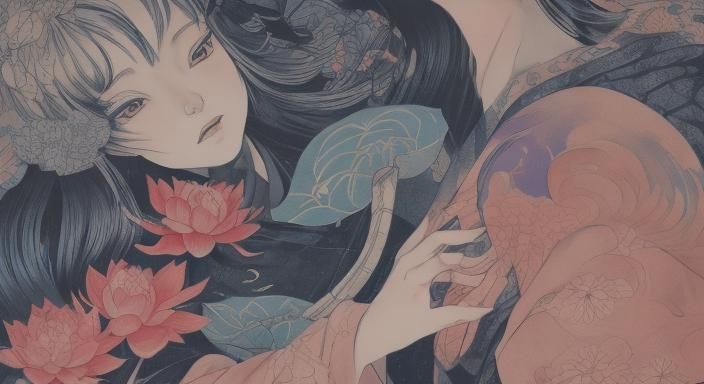 Hokusai Manga by Katsushika Hokusai classical kaidan yokai Japanese folklore deep depth 30 layers Rokurokubi vivid color...