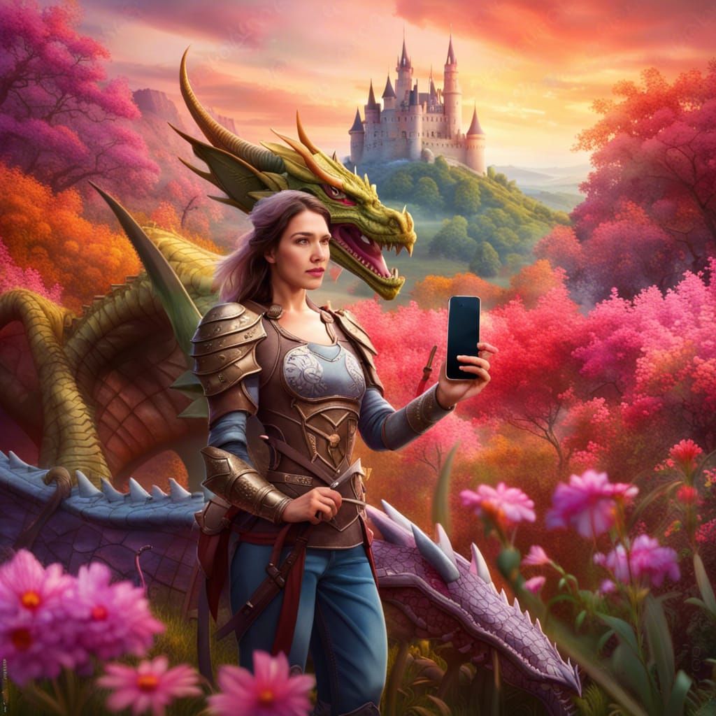Warrior Selfie with Dragon in Fantasy Landscape