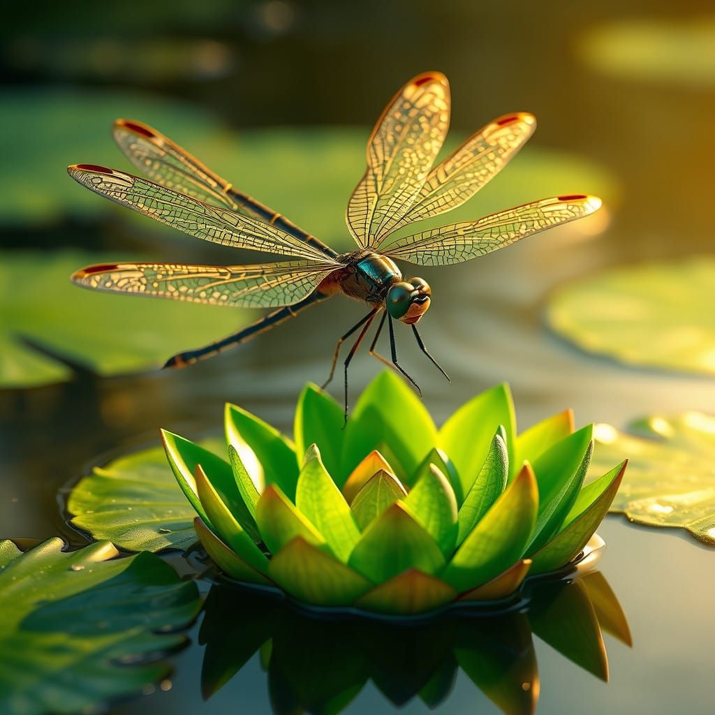 Iridescent Dragonfly on Emerald Water Lily
