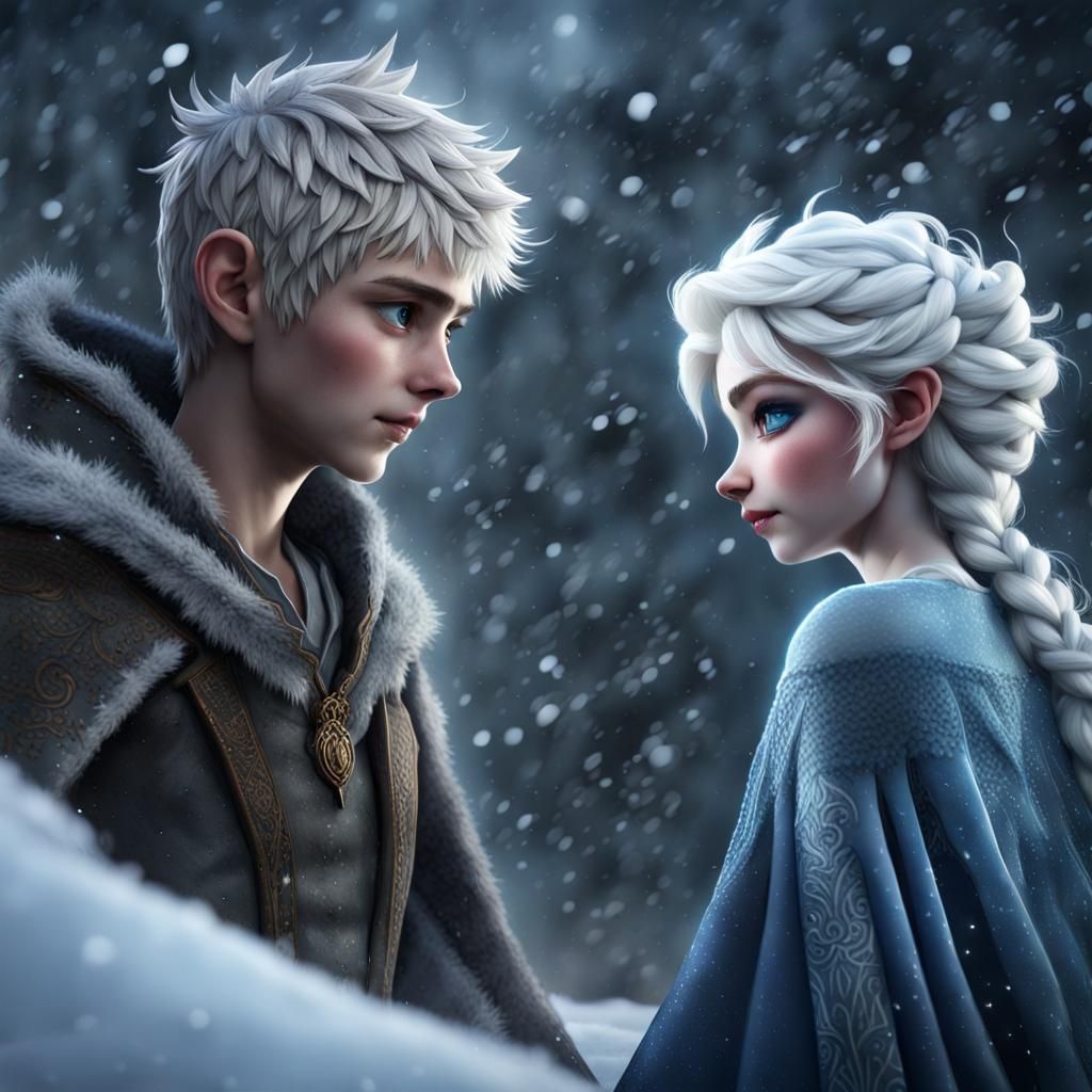 Jack Frost and Elsa in Winter Blizzard: Fantasy Art